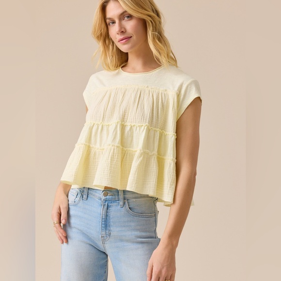 Altar'd State Tops - Altar’d State Mara Tiered Babydoll Top Butter Yellow